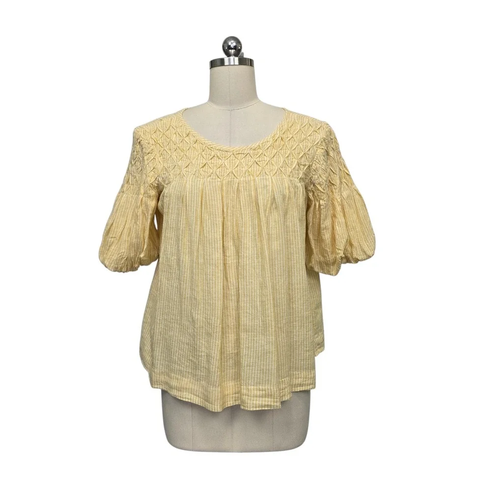 Anthropologie Yellow Pinstripe Smocked Lattice Puff Sleeve Linen Blouse Small